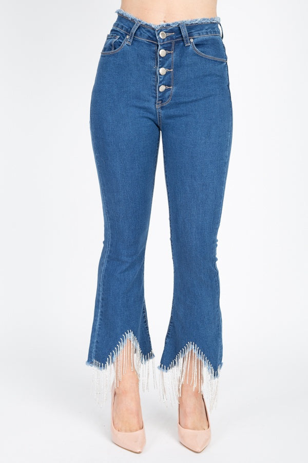 Rhinestone Fringed Flare Skinny Jeans - ANDRA'S