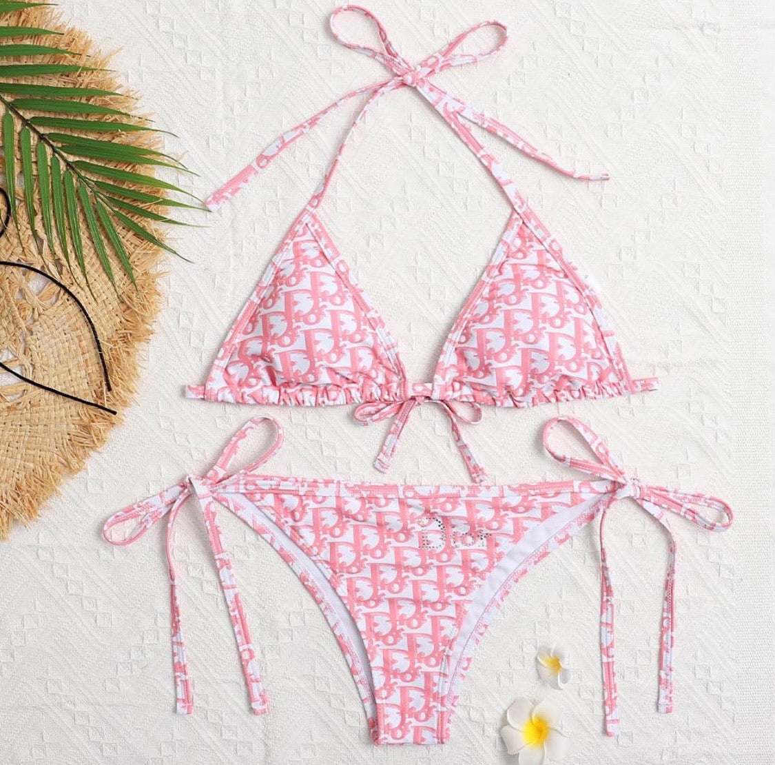 Blush Radiance Bikini – Dior Inspired Monogram with Crystal Accents