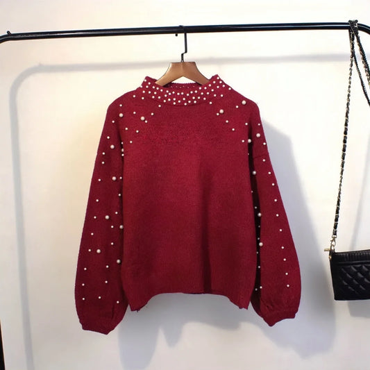 red pearl studded sweater