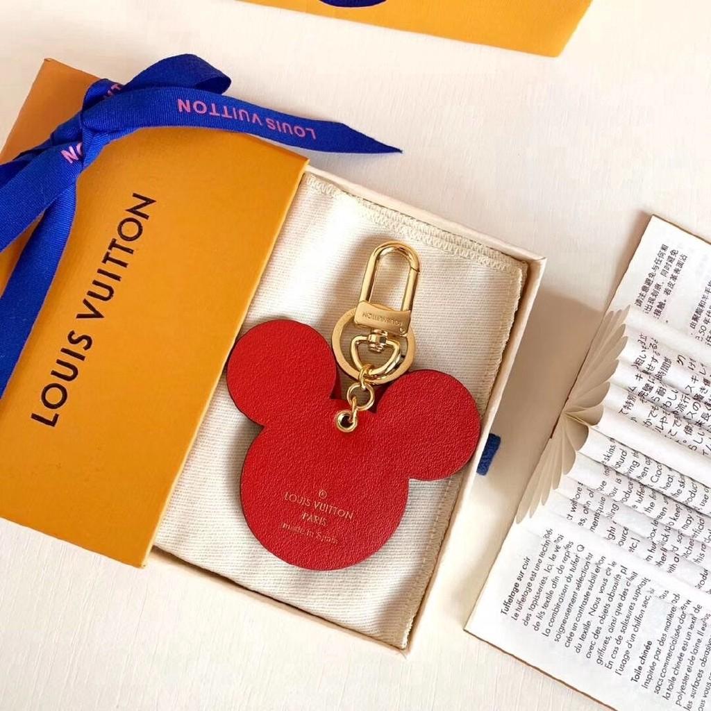 louis vuitton keychain in shape of mickey mouse red leather with gold accents