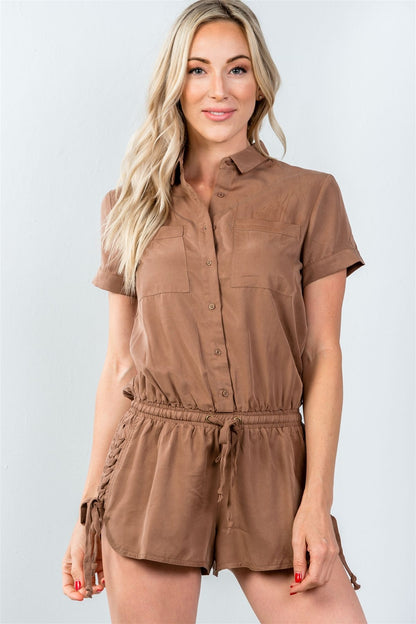 Ladies fashion button down closure lace-up side drawstring romper - ANDRA'S