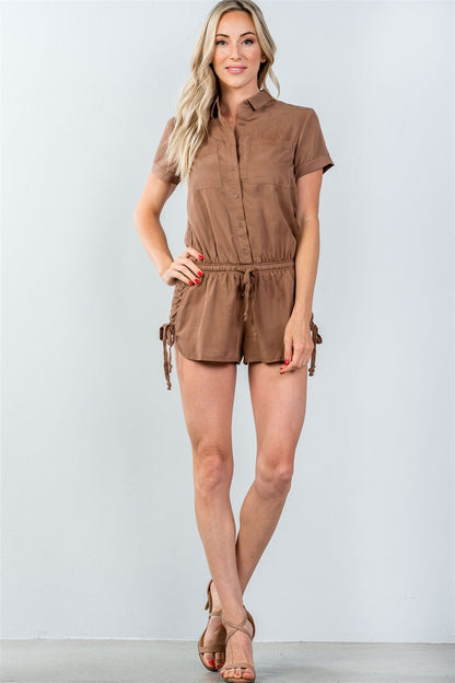 Ladies fashion button down closure lace-up side drawstring romper - ANDRA'S