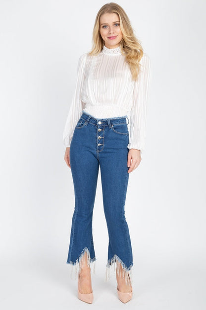 Rhinestone Fringed Flare Skinny Jeans - ANDRA'S