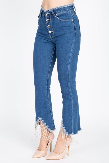 Rhinestone Fringed Flare Skinny Jeans - ANDRA'S