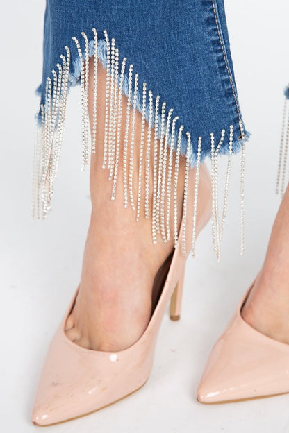 Rhinestone Fringed Flare Skinny Jeans - ANDRA'S