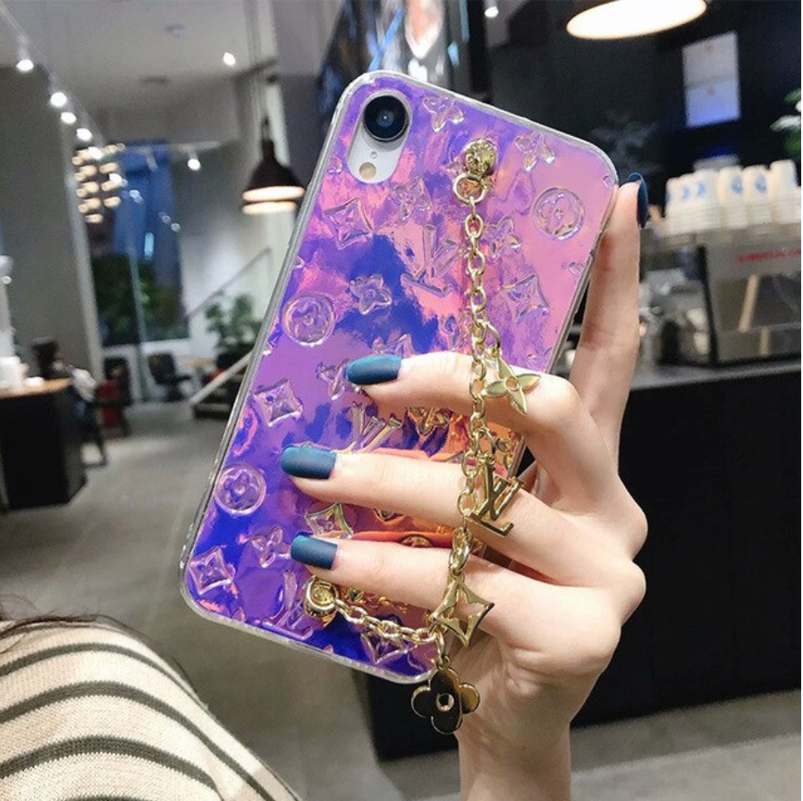 Holographic LV Phone Case with Gold Chain – ANDRA'S