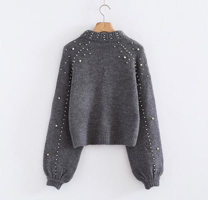 grey pearl studded sweater hanging