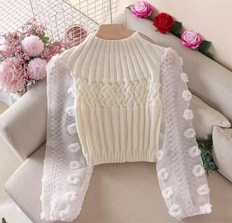 Mesh Floral Puffy Sweater