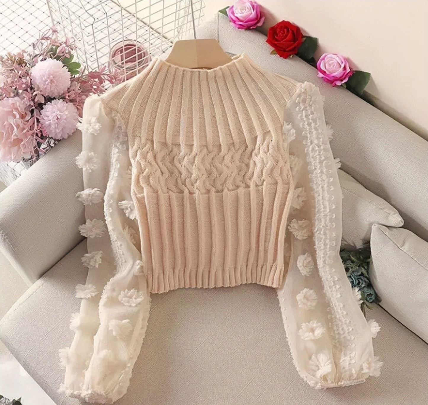 Mesh Floral Puffy Sweater