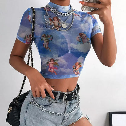 crop mesh top with angels on it