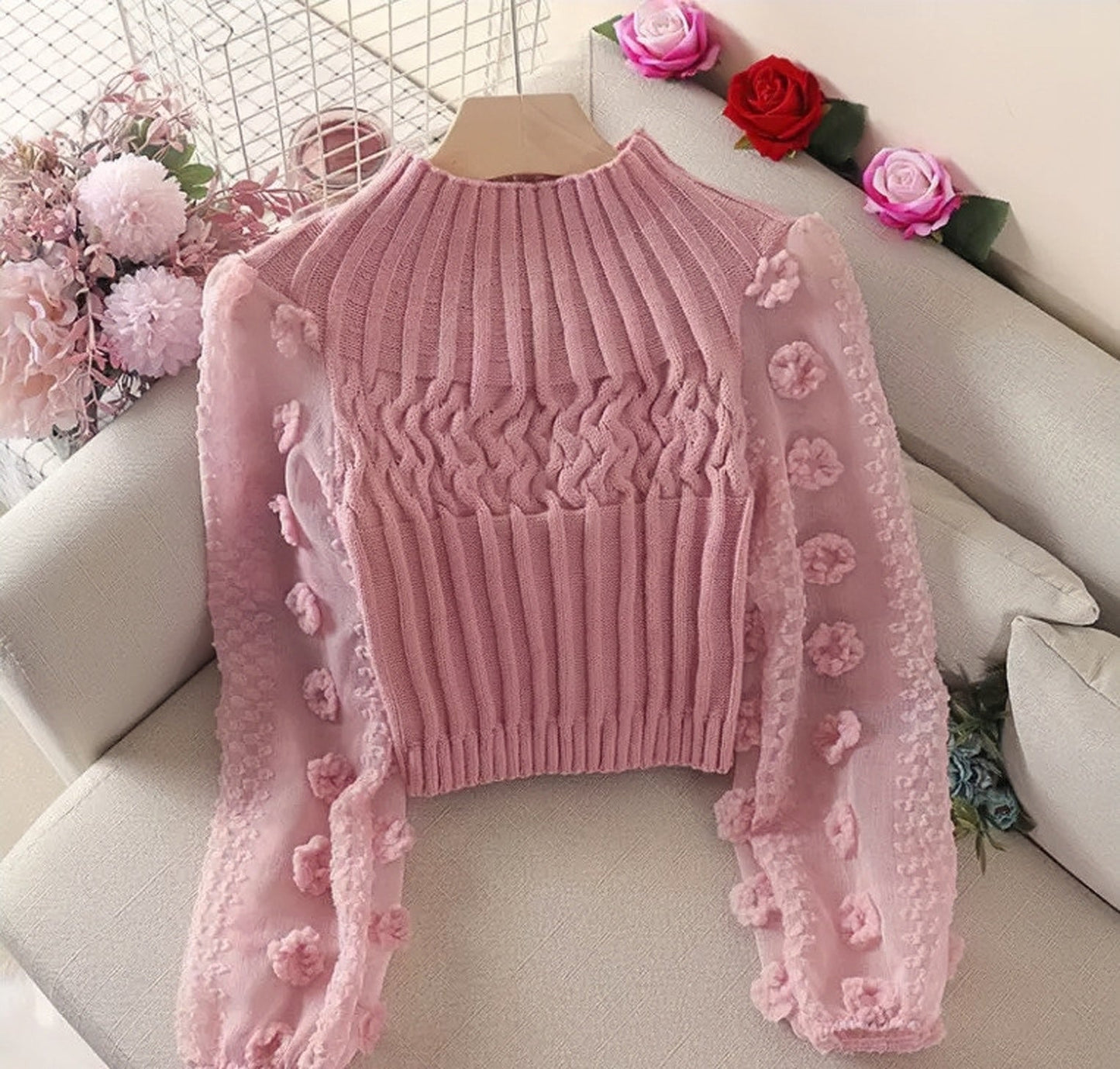 Mesh Floral Puffy Sweater